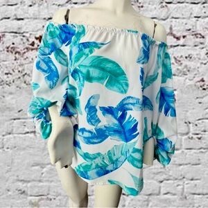 Entro White Blue Green Off the Shoulder Floral Palm Blouse Top Size Medium